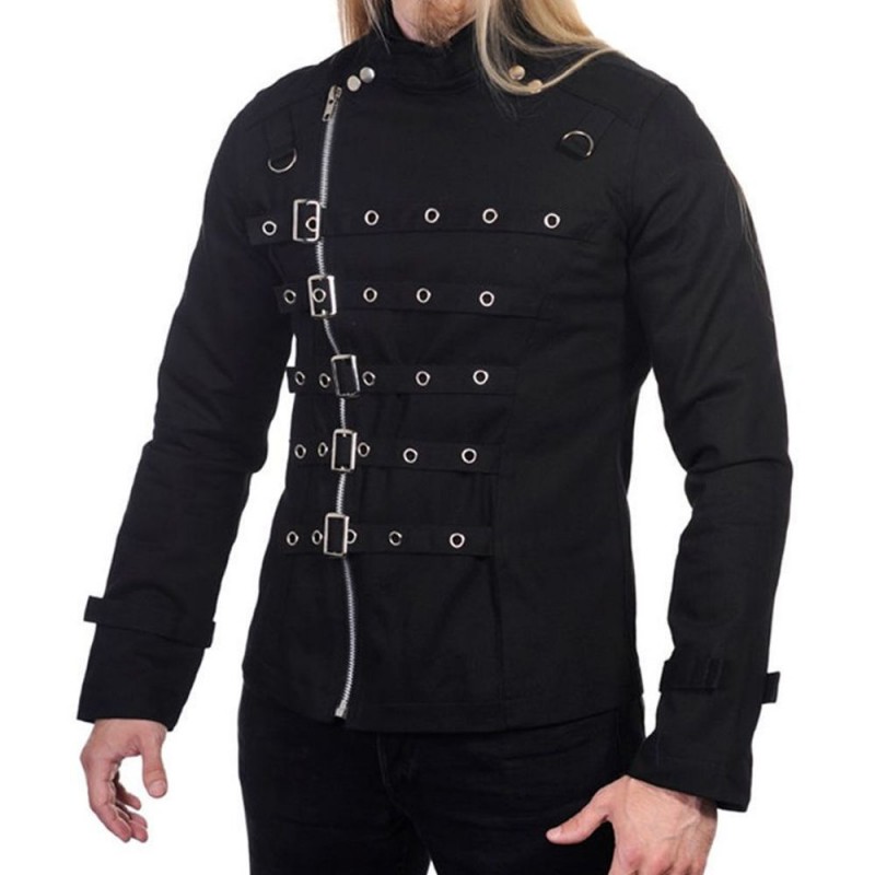 Men Gothic Black Jacket Asylum Vampire Jacket Metal Strap Buckle Jacket Goth Fashion